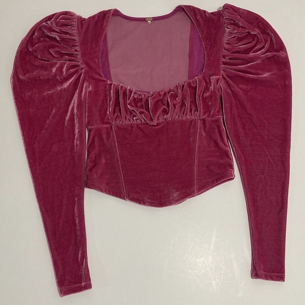 Free People Hold Me Puff Sleeve Smocked Velvet Top Renaissance Milkmaid Fuschia